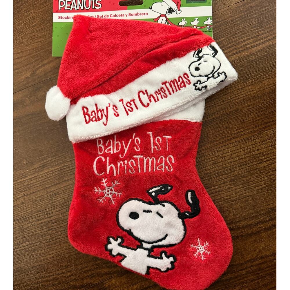 Peanuts SNOOPY Baby’s 1ST Christmas Holiday Stocking & Hat set NEW
